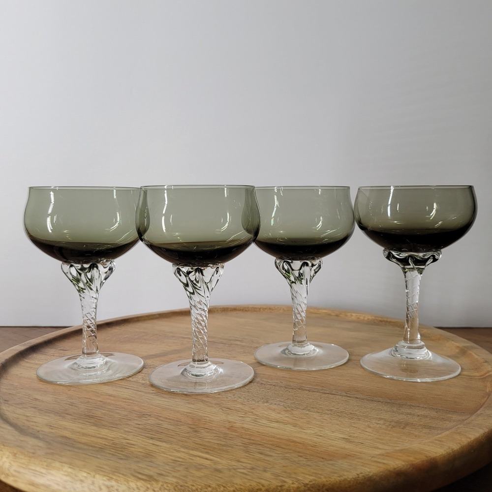 Vintage Sasaki Coronation Crystal Smoke‎ Set of 3+1 Twisted Sherbet/Wine Glasses